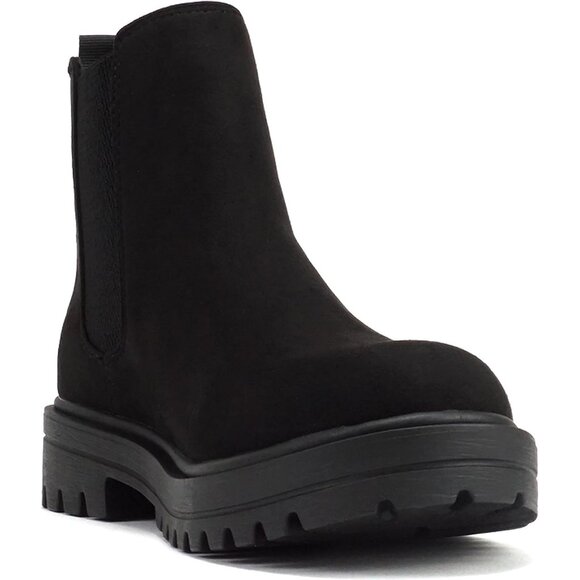 Women Black Suede Lug Sole Low Chunky Heel Chelsea Double Elastic Ankle Booties - Picture 4 of 4